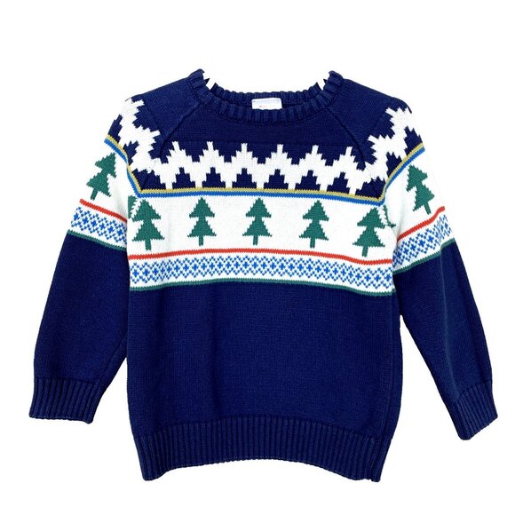 Hanna Andersson 90 3T Holiday Sweater Navy Trees Christmas Pullover Fair Isle - Picture 1 of 12